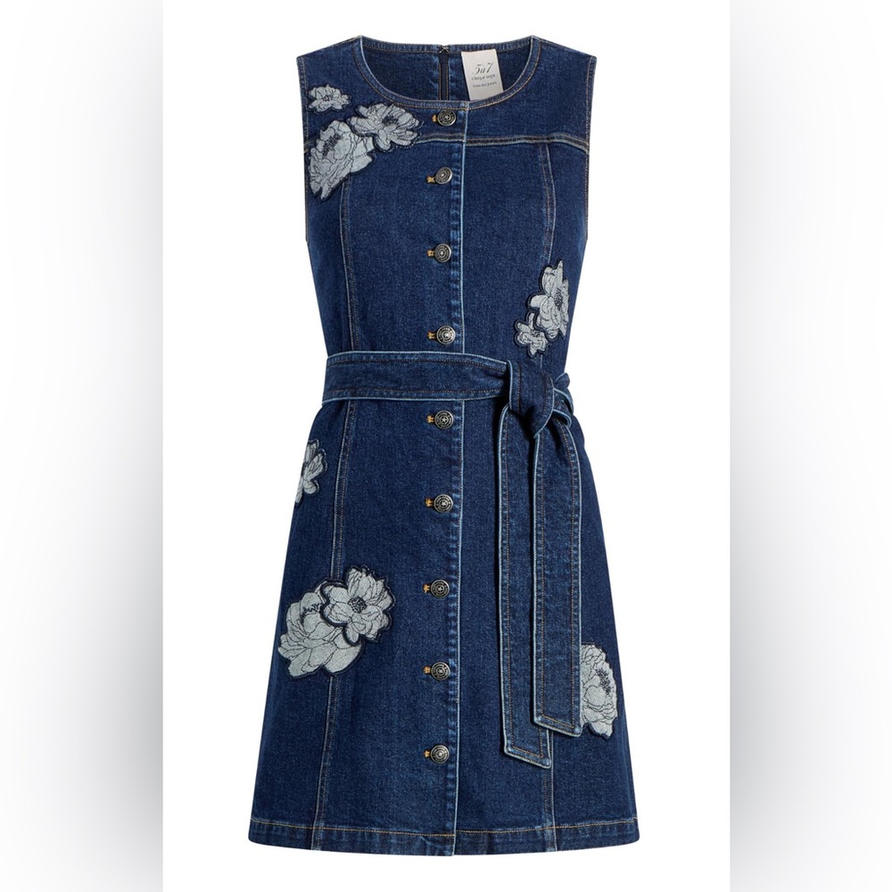 NWT Cing à Sept Marsha Floral Appliqué Tie Waist Denim Dress in Fontaine, size 6 - Picture 3 of 7